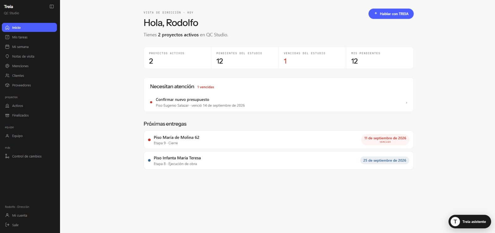 Vista real del panel de dirección de Treia con proyectos, pendientes y próximas entregas