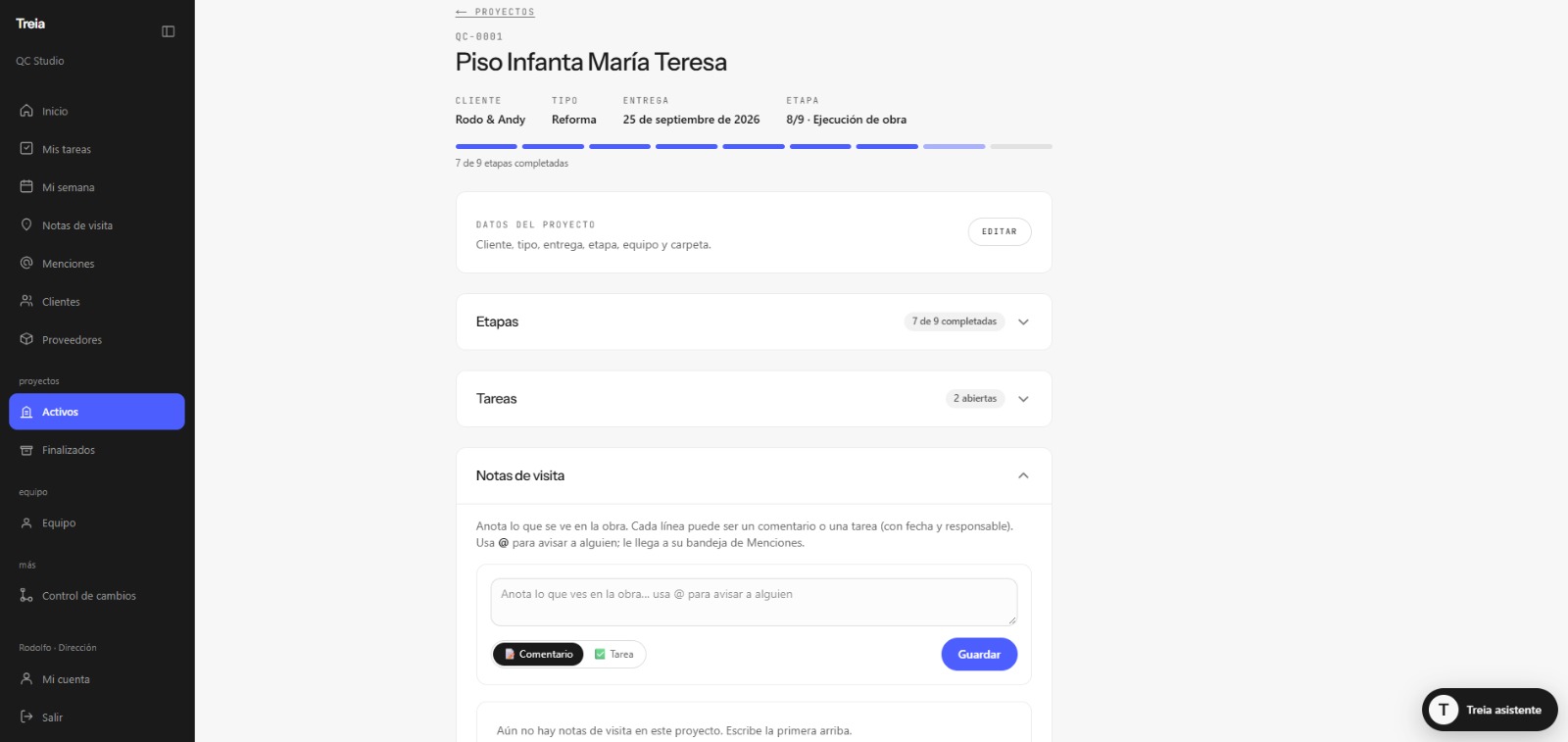 Seguimiento real de etapas, tareas y notas de un proyecto en Treia